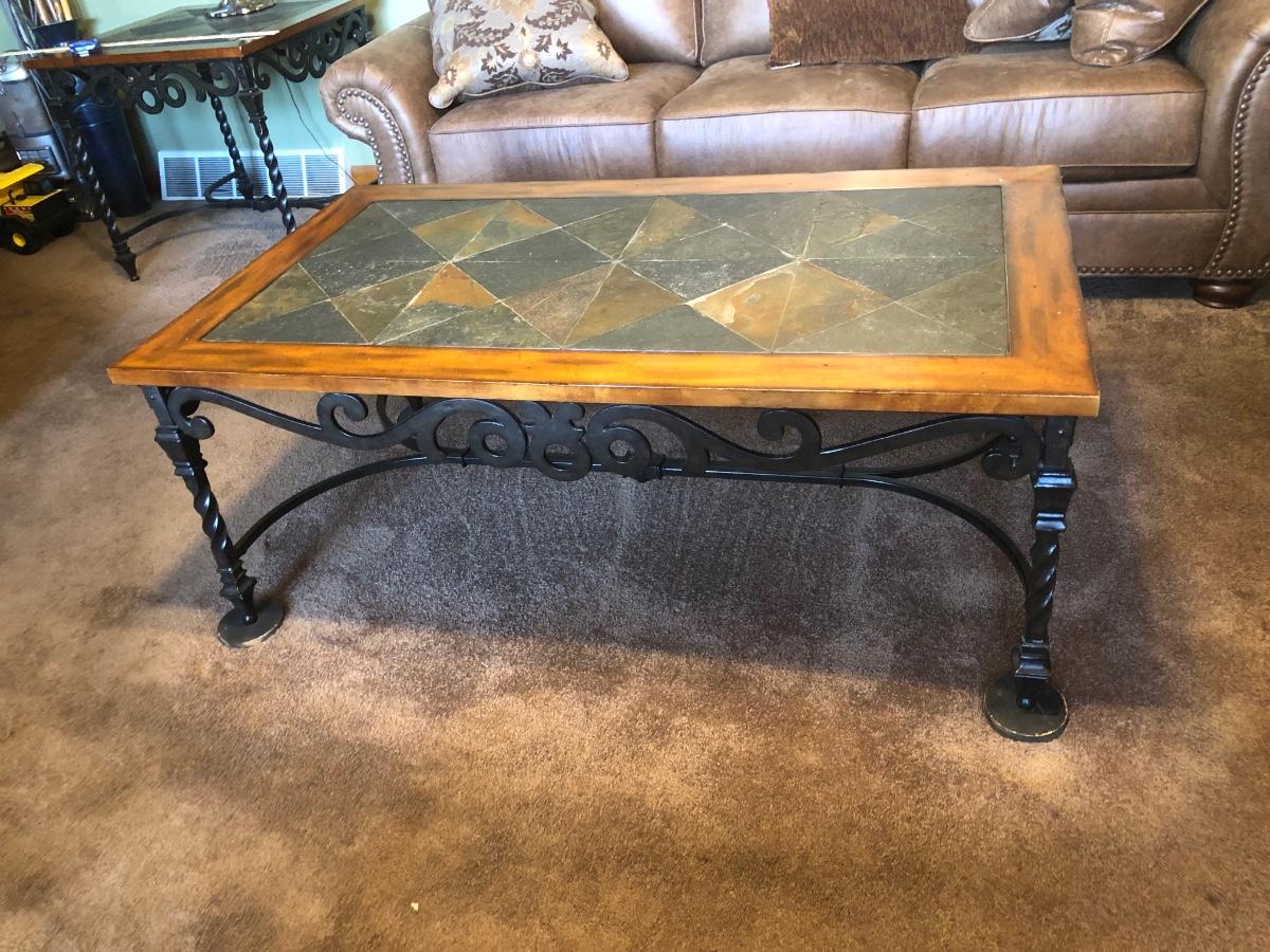 LOT 87L Rectangular Iron Base Wood Slate Inlay Coffee Table & End