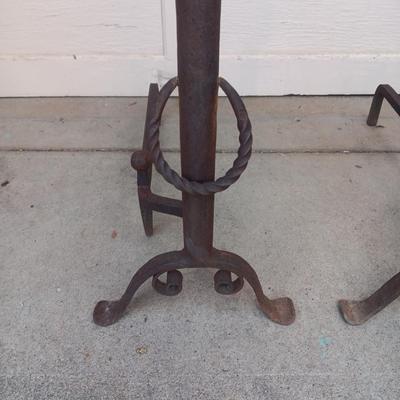 ANTIQUE HAND-FORGED LARGE IRON ANDIRONS W/CUP & PAN HOLDERS