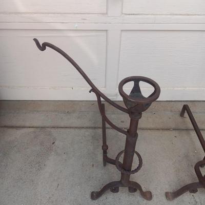 ANTIQUE HAND-FORGED LARGE IRON ANDIRONS W/CUP & PAN HOLDERS