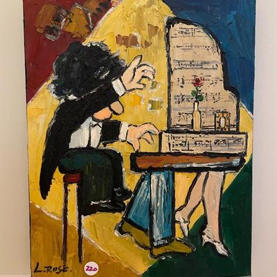 Unframed Oil on Canvas Pianist Painting, Signed L. Rose