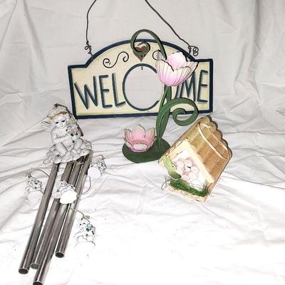 METAL TULIP-BIRDHOUSE-ANGEL CHIMES AND WECOME SIGN