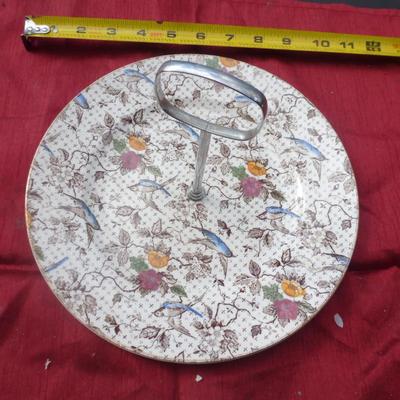 Vintage English Gaytime Porcelain Dessert Serving Plate with Center Handle- Approx 11"
