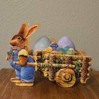 Vintage Wood Bunny Pulling his Cart with 2 Scented Wax Eggs