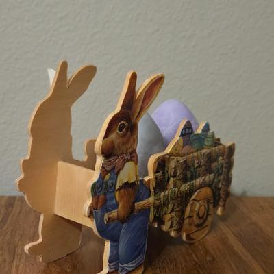 Vintage Wood Bunny Pulling his Cart with 2 Scented Wax Eggs