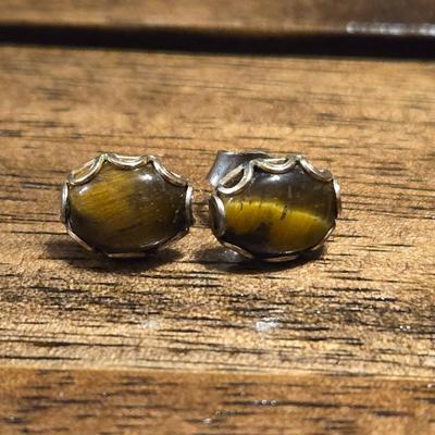 Tigers Eye and Sapphire Stud Earrings