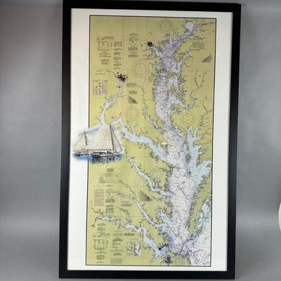 DR1333 Nautical Map of Chesapeake Bay Signed and Painted with Boat Scene