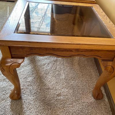 3 wood side tables with glass tops