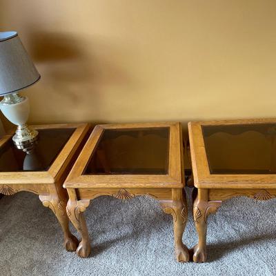 3 wood side tables with glass tops