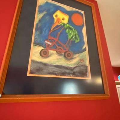 Framed Bird on Bike Portrait, Signed SS
