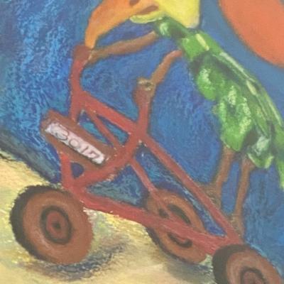 Framed Bird on Bike Portrait, Signed SS