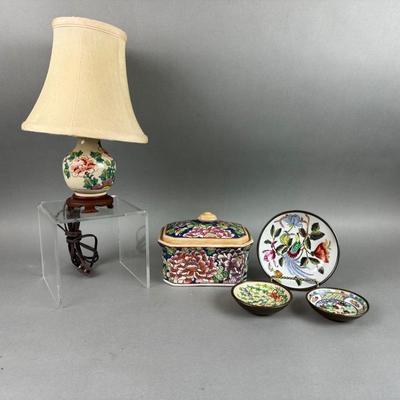 BR329 Floral Pottery Lamp with Covered Dish Set and Three Decorative Plates