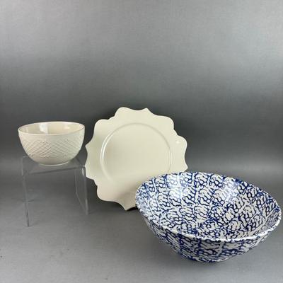 K330 Large Blue and White Pottery Bowl with White Platter and Serving Dish