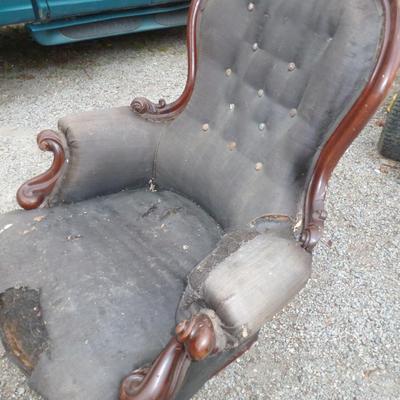 Antique Wood Frame, Upholstered Chair