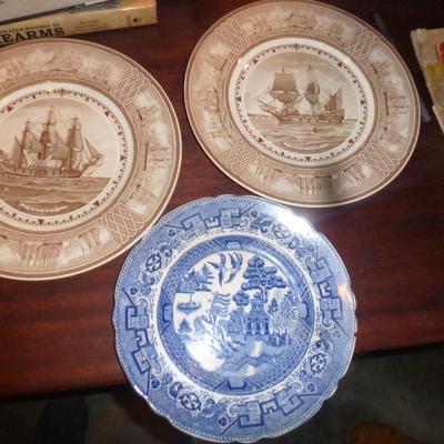 Collection of Three Plates- One Blue Willow and Two American Sailing Ships