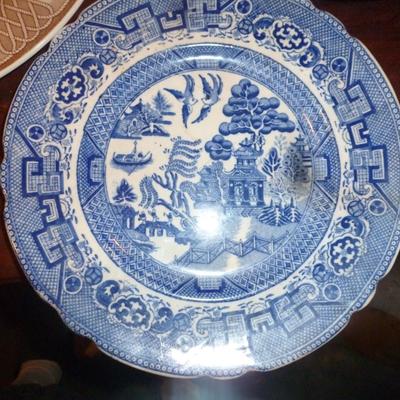 Collection of Three Plates- One Blue Willow and Two American Sailing Ships