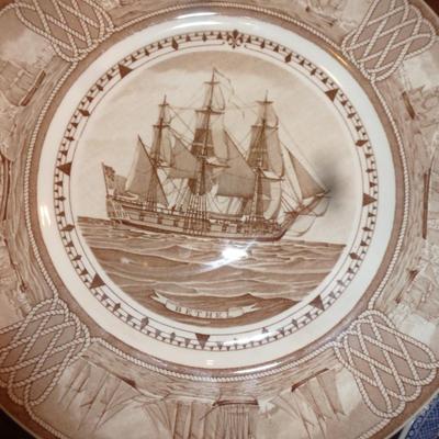Collection of Three Plates- One Blue Willow and Two American Sailing Ships