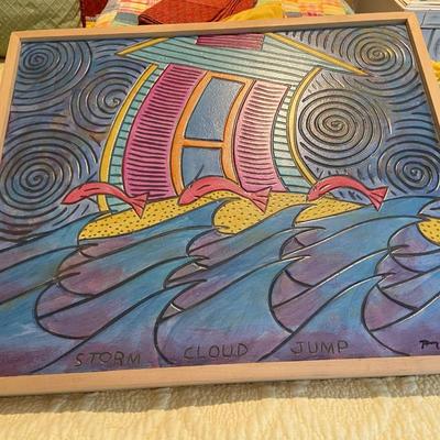 Framed "Storm Cloud Jump" Folk Art Carving, Signed and Dated