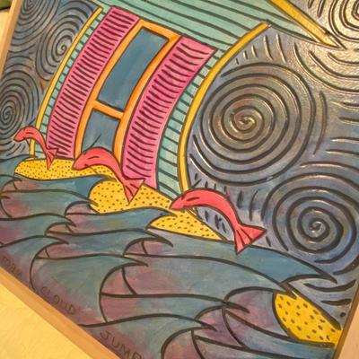 Framed "Storm Cloud Jump" Folk Art Carving, Signed and Dated