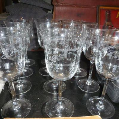 Set of Twelve Etched Water Goblets