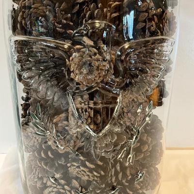 Large Eagle Embedded glass jar with pinecones
