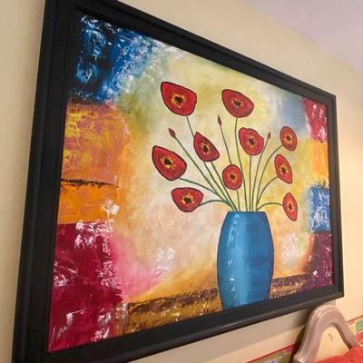 Framed Red Poppy Oil on Canvas Painting, Unsigned