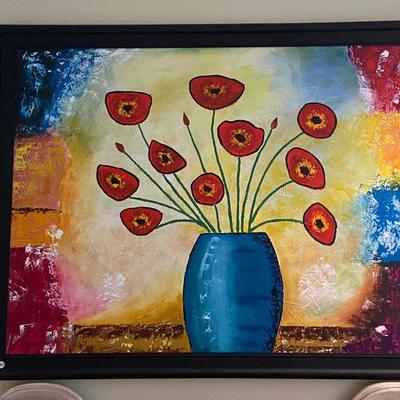 Framed Red Poppy Oil on Canvas Painting, Unsigned