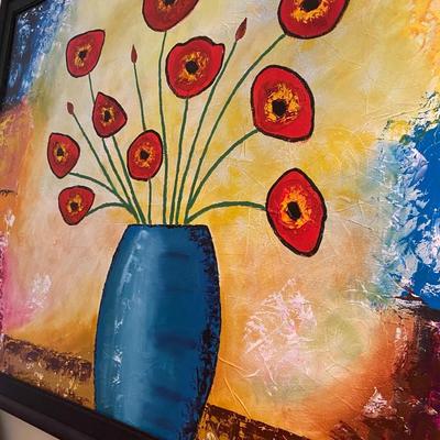 Framed Red Poppy Oil on Canvas Painting, Unsigned