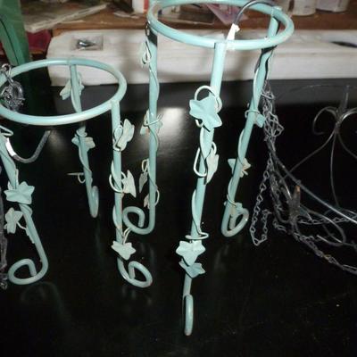 Two Metal Plant Stands and Hanging Baskets