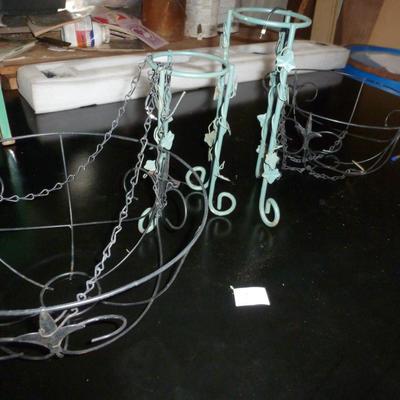 Two Metal Plant Stands and Hanging Baskets