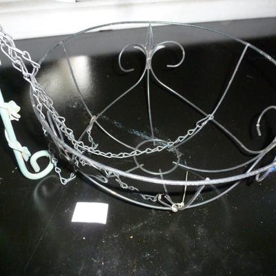 Two Metal Plant Stands and Hanging Baskets