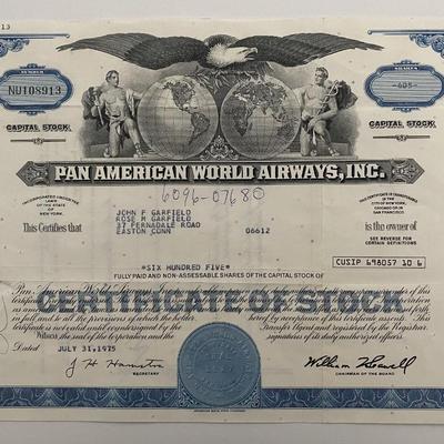 Pan American World Airways, INC Six Hundred Five Shares Certificate of Stock