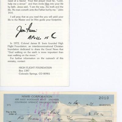 Jim Irwin signed check and High Flight Foundation pamphlet