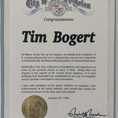 Vanilla Fudge founder Tim Bogert Rockwalk induction certificate