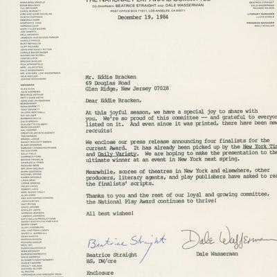 Beatrice Straight and Dale Wasserman signed letter