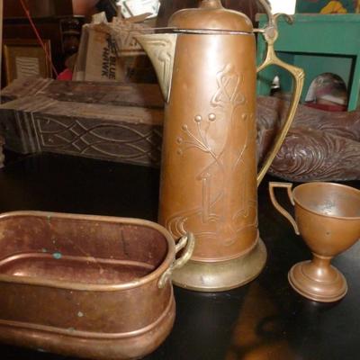 Collection of Copper Ware- Pan, Pitcher, Footed Creamer