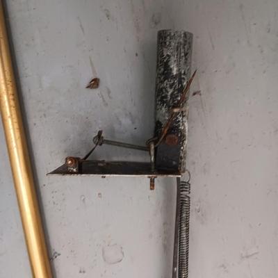 VINTAGE FISHING ROD HOLDERS, TACKLE BOX AND NET