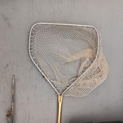 VINTAGE FISHING ROD HOLDERS, TACKLE BOX AND NET