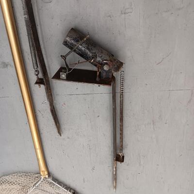 VINTAGE FISHING ROD HOLDERS, TACKLE BOX AND NET