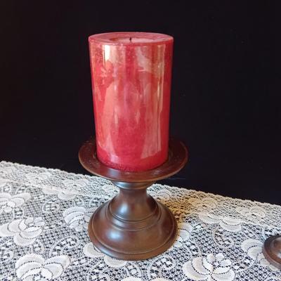 POTTERY BARN CANDLE HOLDER WITH CANDLE, TRINKET BOX AND STEMMED CANDLE HOLDER