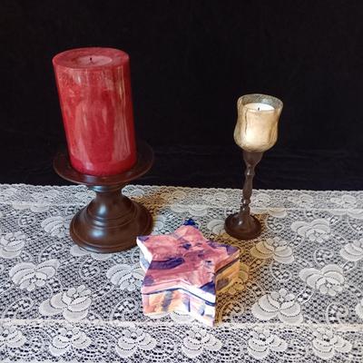 POTTERY BARN CANDLE HOLDER WITH CANDLE, TRINKET BOX AND STEMMED CANDLE HOLDER