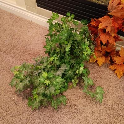 FAUX PLANTS, FALL WREATH AND GALVANIZED CONTAINER