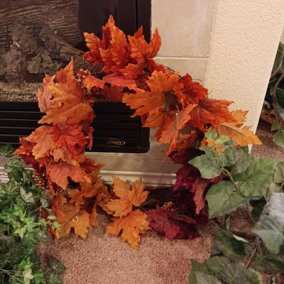 FAUX PLANTS, FALL WREATH AND GALVANIZED CONTAINER