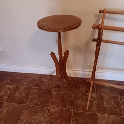 UNIQUE WOODEN PLANT STAND AND A WOODEN AFGHAN HOLDER