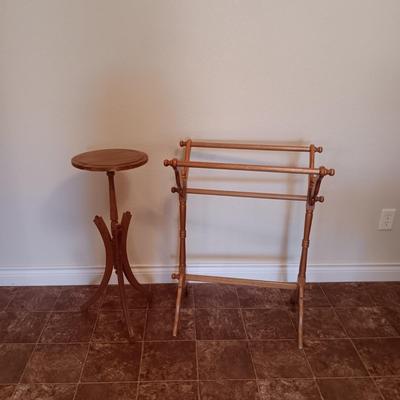 UNIQUE WOODEN PLANT STAND AND A WOODEN AFGHAN HOLDER