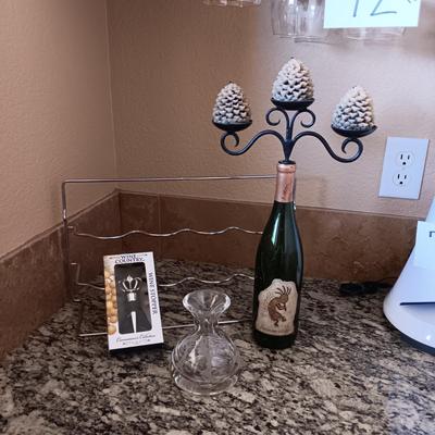 UNIQUE KOKOPELLI CRYSTAL VASE AND TRIPLE CANDLE HOLDER, WINE STOPPER AND RACK