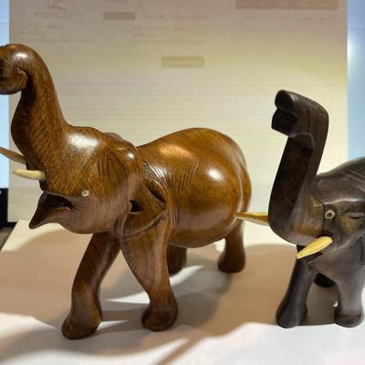 Vintage Pair of Hand Carved Wooden Elephants w/Tusks as Pictured.
