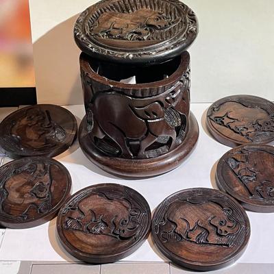 Vintage African Hand Carved Elephants and Rhinoceros Coaster Box Set w/6 Coasters as Pictured.