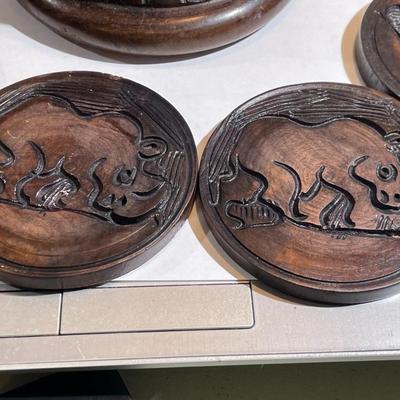 Vintage African Hand Carved Elephants and Rhinoceros Coaster Box Set w/6 Coasters as Pictured.