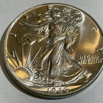 1946-P CHOICE BRILLIANT UNCIRCULATED CONDITION WALKING LIBERTY SILVER HALF DOLLAR AS PICTURED.
