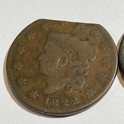 1-Damaged/1-Corroded Condition 1822 & 1852 U.S. Large Cents as Pictured.